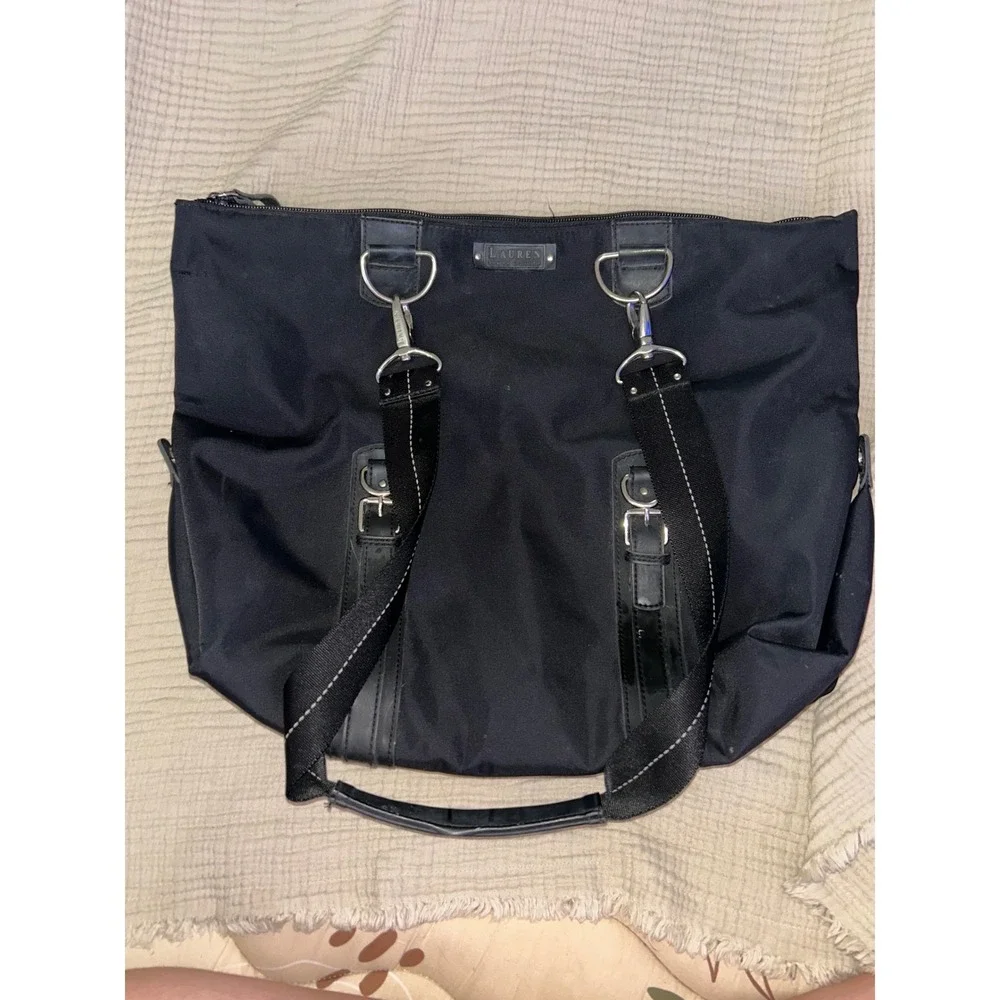 Lauren Ralph Lauren Black Nylon Satchel Shoulder Bag Silver Hardware Buckle Trim